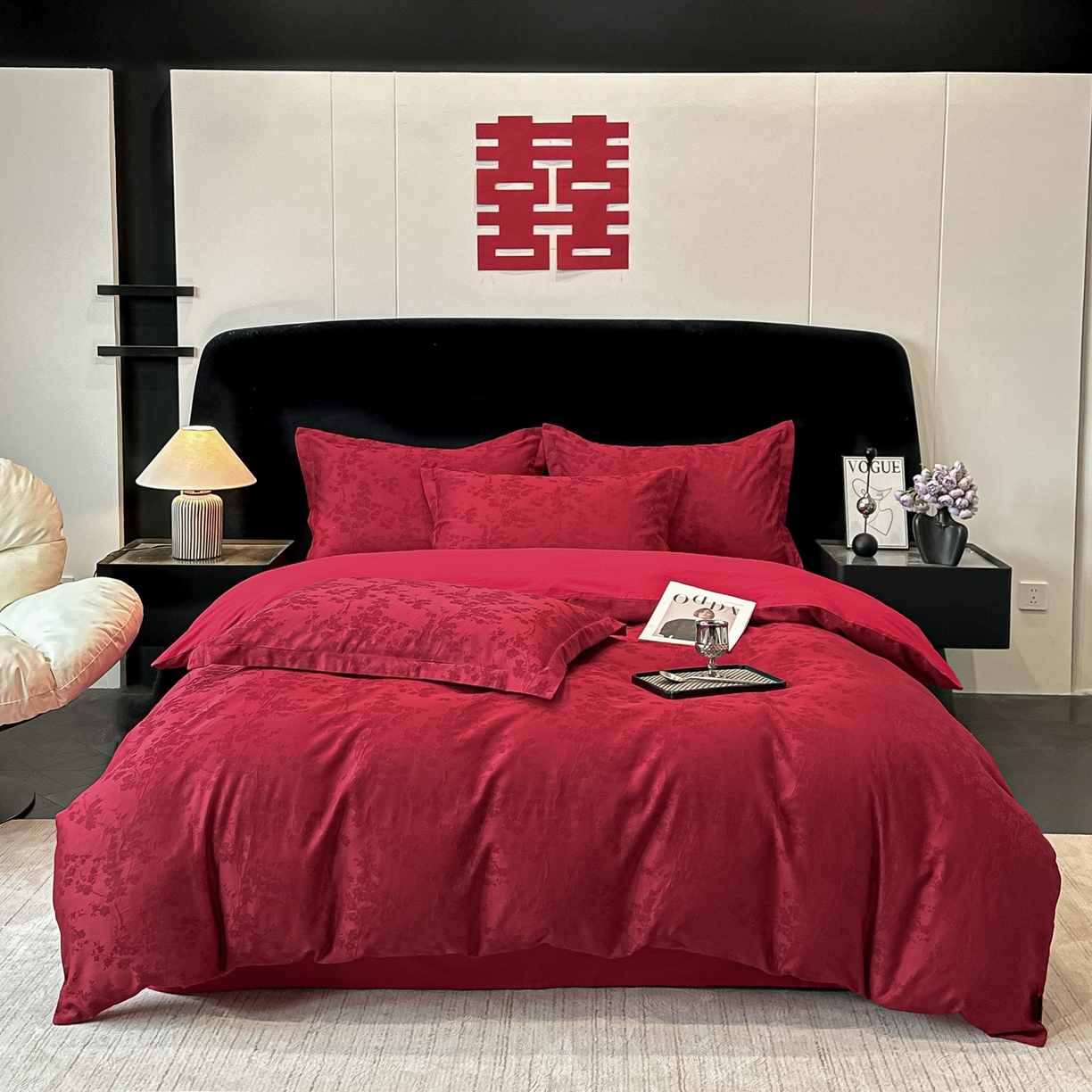 91家纺网 家纺一手货源 找家纺 宅家居 2026新款婚庆系列A类A版60支立体浮雕贡缎提花光泽绸缎感B版长绒棉纯棉四件套 梦幻花园-红