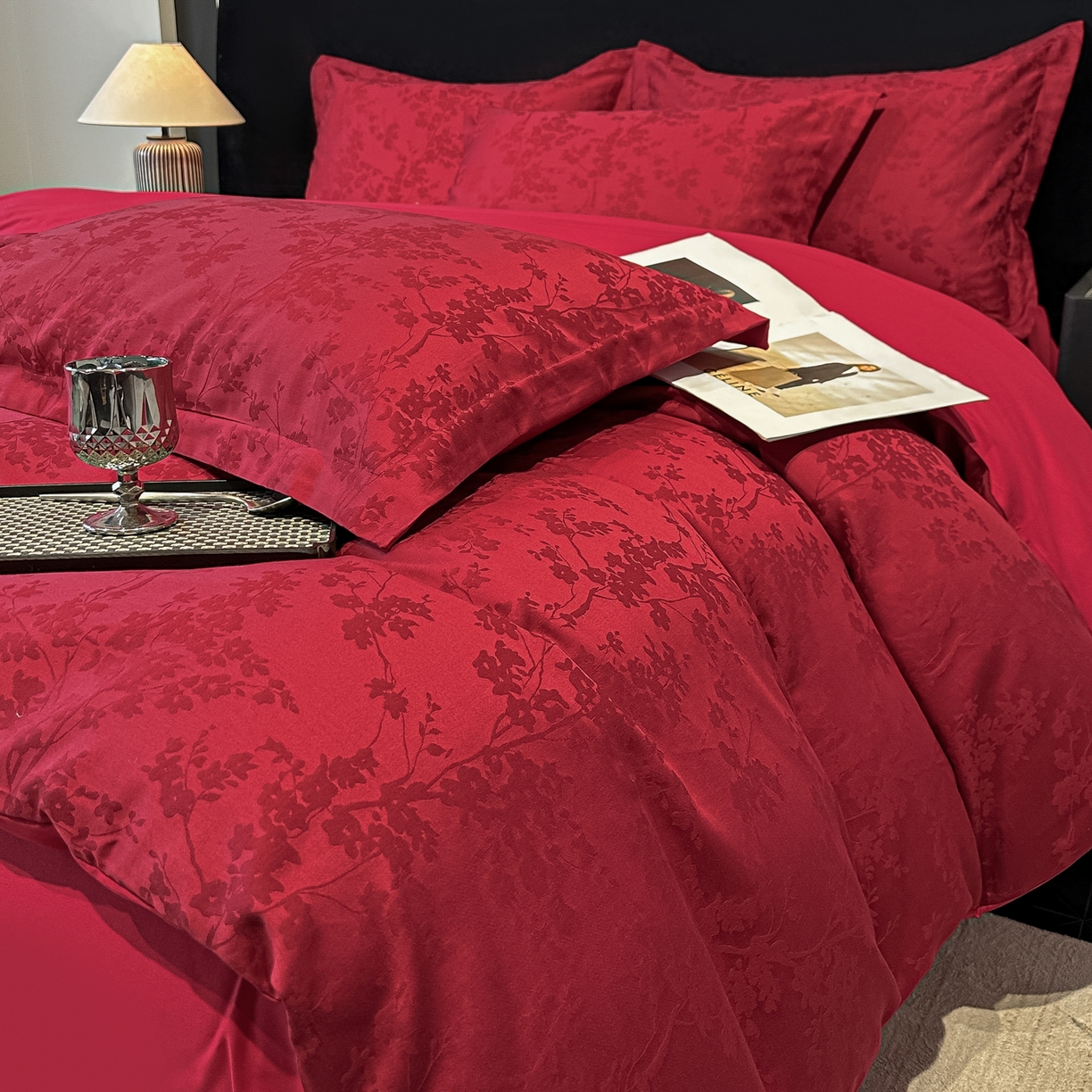 宅家居 2026新款婚庆系列A类A版60支立体浮雕贡缎提花光泽绸缎感B版长绒棉纯棉四件套 梦幻花园-红