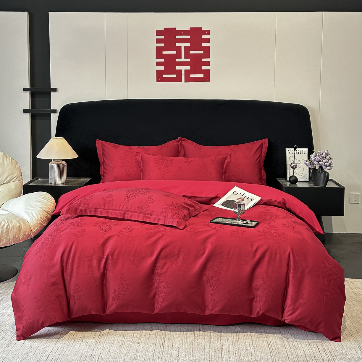 91家纺网 家纺一手货源 找家纺 宅家居 2026新款婚庆系列A类A版60支立体浮雕贡缎提花光泽绸缎感B版长绒棉纯棉四件套 清风颂雅-红