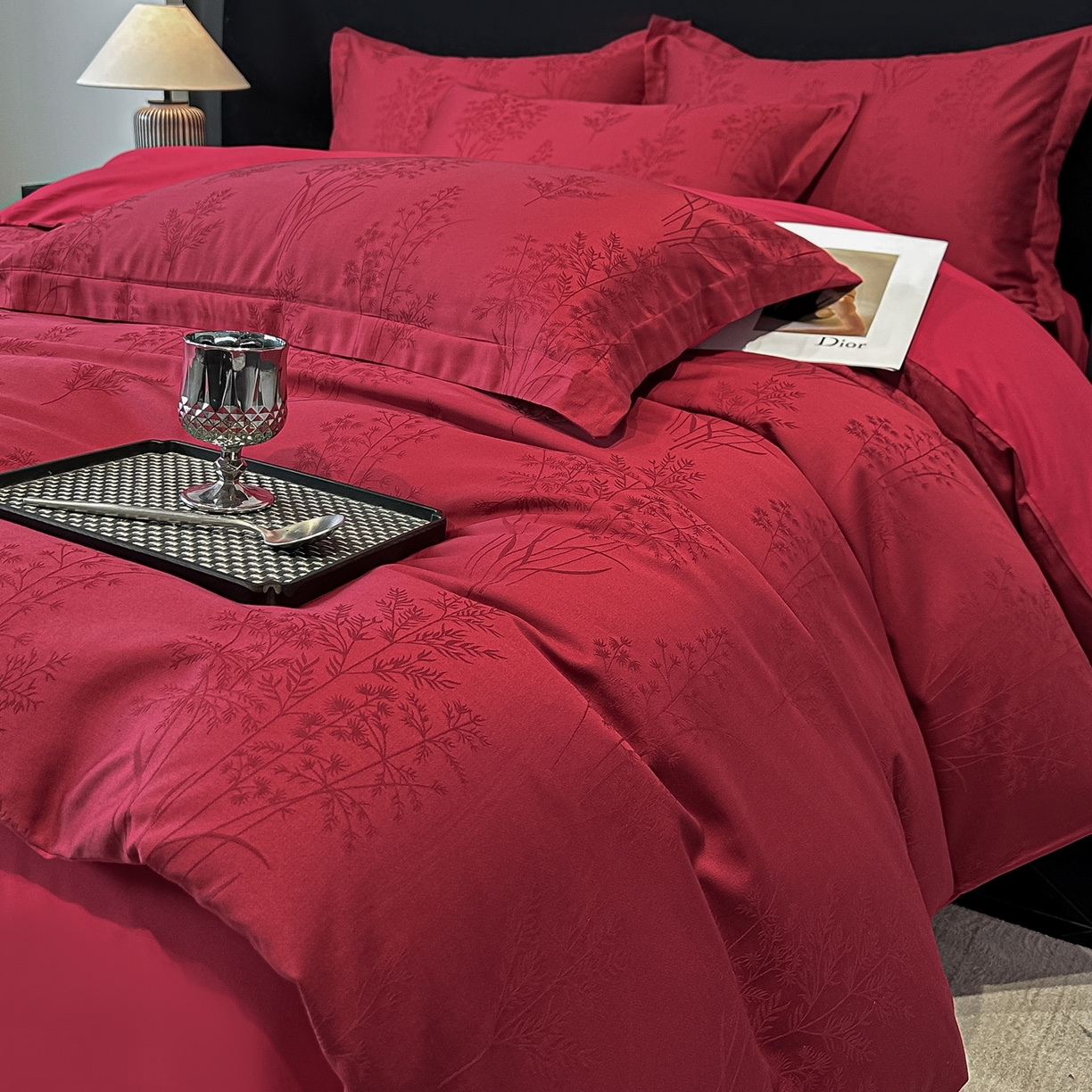 宅家居 2026新款婚庆系列A类A版60支立体浮雕贡缎提花光泽绸缎感B版长绒棉纯棉四件套 清风颂雅-红