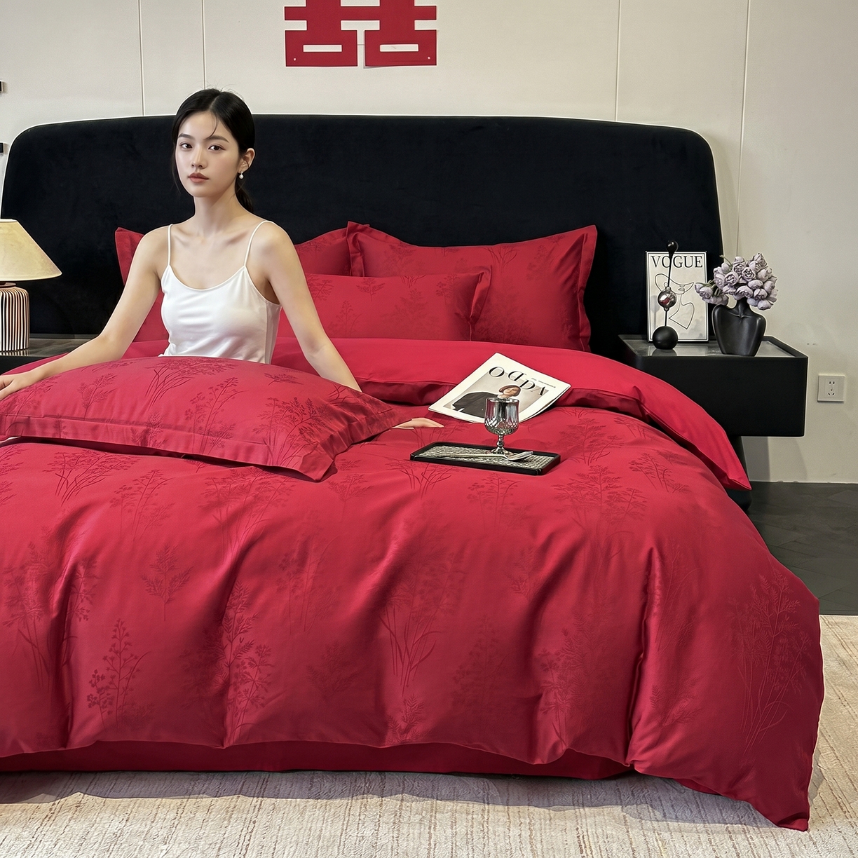 91家纺网 家纺一手货源 找家纺 宅家居 2026新款婚庆系列A类A版60支立体浮雕贡缎提花光泽绸缎感B版长绒棉纯棉四件套 清风颂雅-红