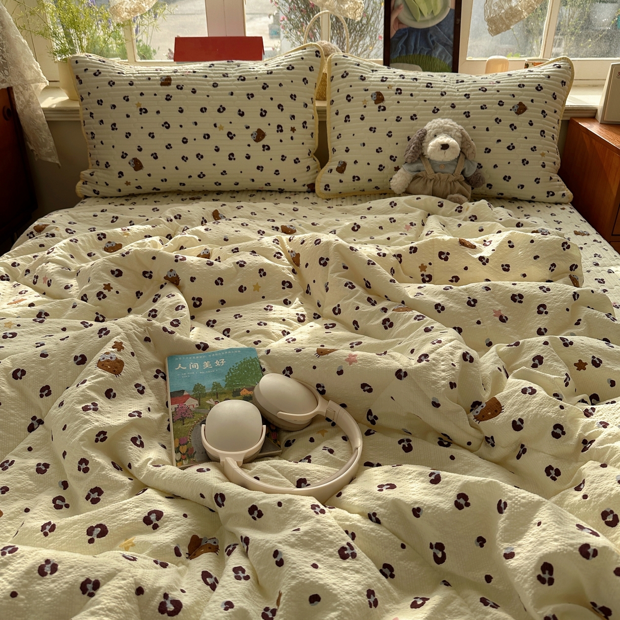 91家纺网 家纺一手货源 找家纺 初念 2026新款高品质A类泡芙纱床盖夏被四件套-青提系列（晚风渐热，温柔续夏） 青提-豹纹黄星