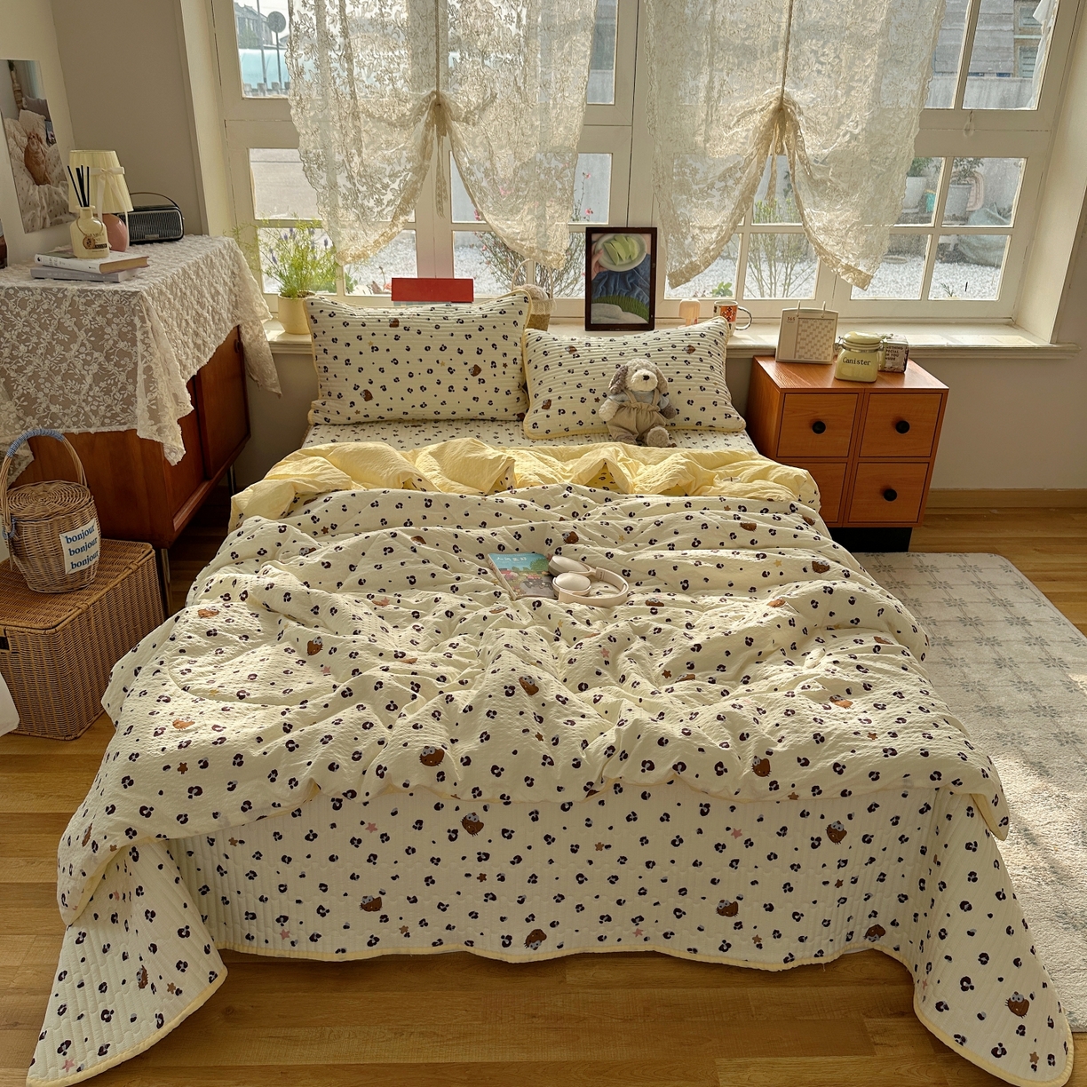 91家纺网 家纺一手货源 找家纺 初念 2026新款高品质A类泡芙纱床盖夏被四件套-青提系列（晚风渐热，温柔续夏） 青提-豹纹黄星