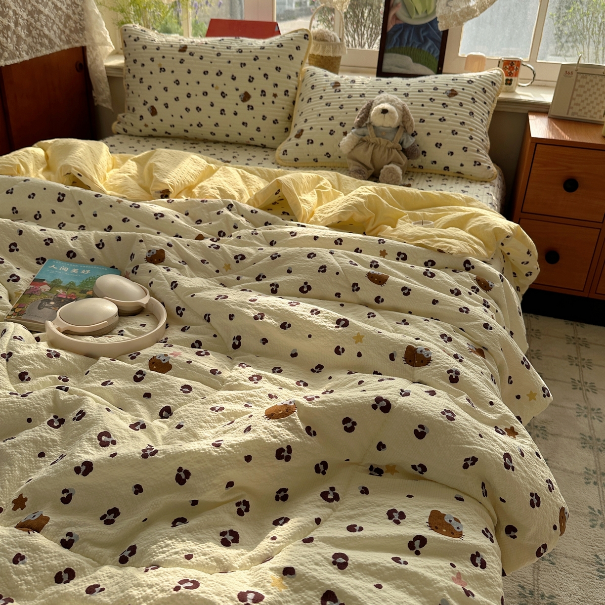 91家纺网 家纺一手货源 找家纺 初念 2026新款高品质A类泡芙纱床盖夏被四件套-青提系列（晚风渐热，温柔续夏） 青提-豹纹黄星