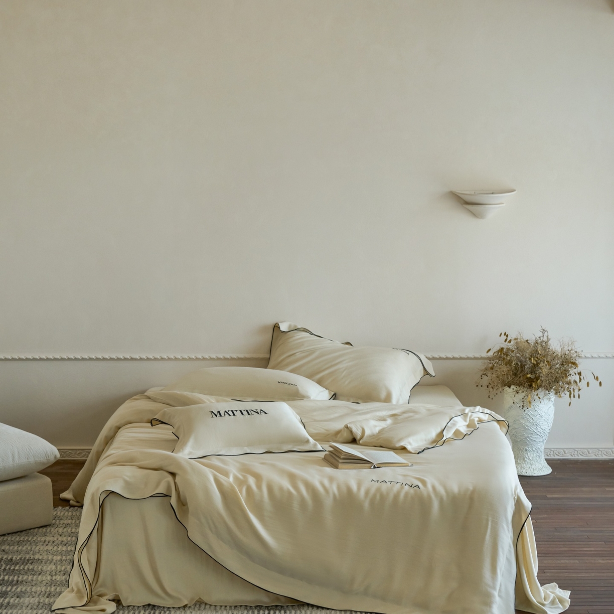 91家纺网 家纺一手货源 找家纺 安莱生活 2026新款天丝砂洗母婴级A类（含报告）轻氧天丝叙“奶芙”刺绣四件套 奶芙系列 奶芙-香槟金