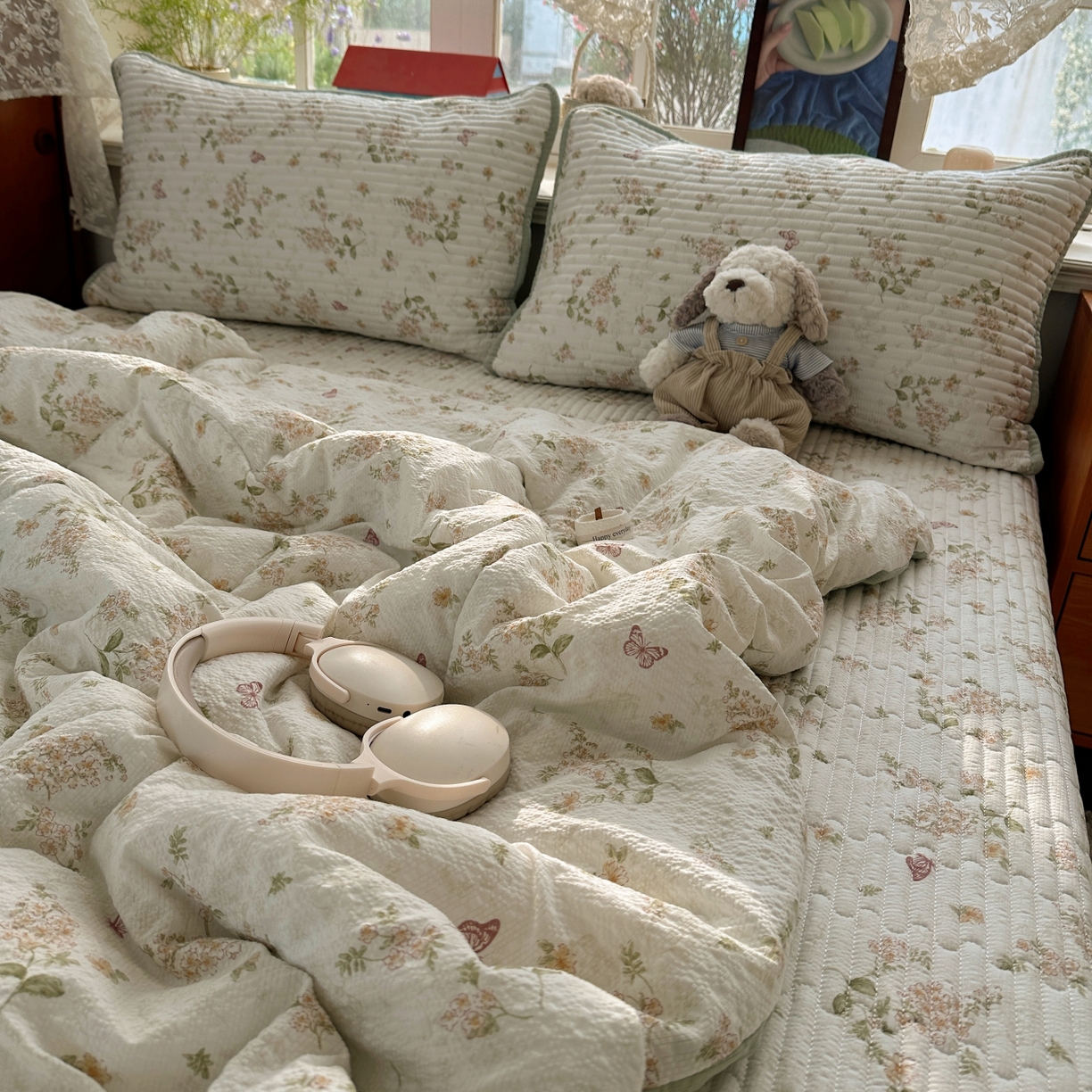 91家纺网 家纺一手货源 找家纺 初念 2026新款高品质A类泡芙纱床盖夏被四件套-青提系列（晚风渐热，温柔续夏） 青提-蝶栖黄花