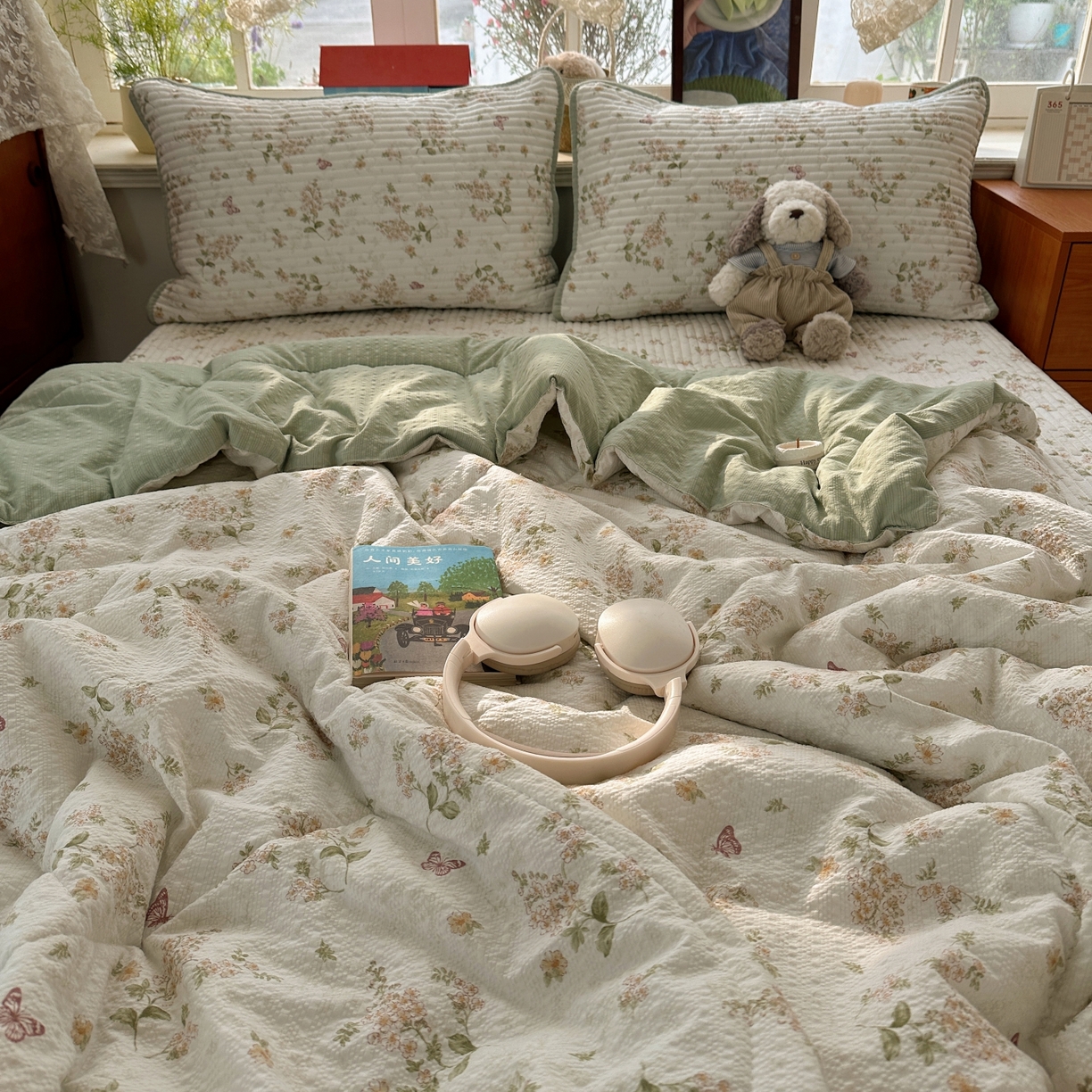 91家纺网 家纺一手货源 找家纺 初念 2026新款高品质A类泡芙纱床盖夏被四件套-青提系列（晚风渐热，温柔续夏） 青提-蝶栖黄花