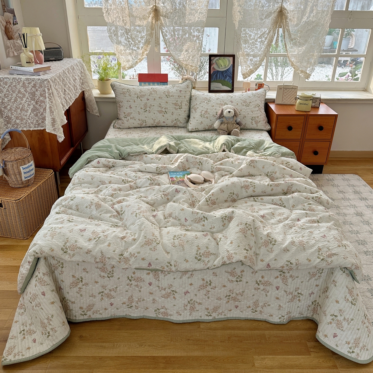 91家纺网 家纺一手货源 找家纺 初念 2026新款高品质A类泡芙纱床盖夏被四件套-青提系列（晚风渐热，温柔续夏） 青提-蝶栖黄花