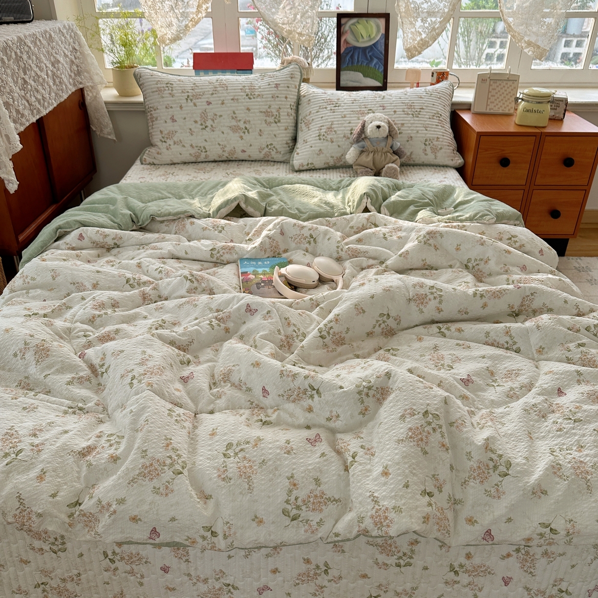 91家纺网 家纺一手货源 找家纺 初念 2026新款高品质A类泡芙纱床盖夏被四件套-青提系列（晚风渐热，温柔续夏） 青提-蝶栖黄花