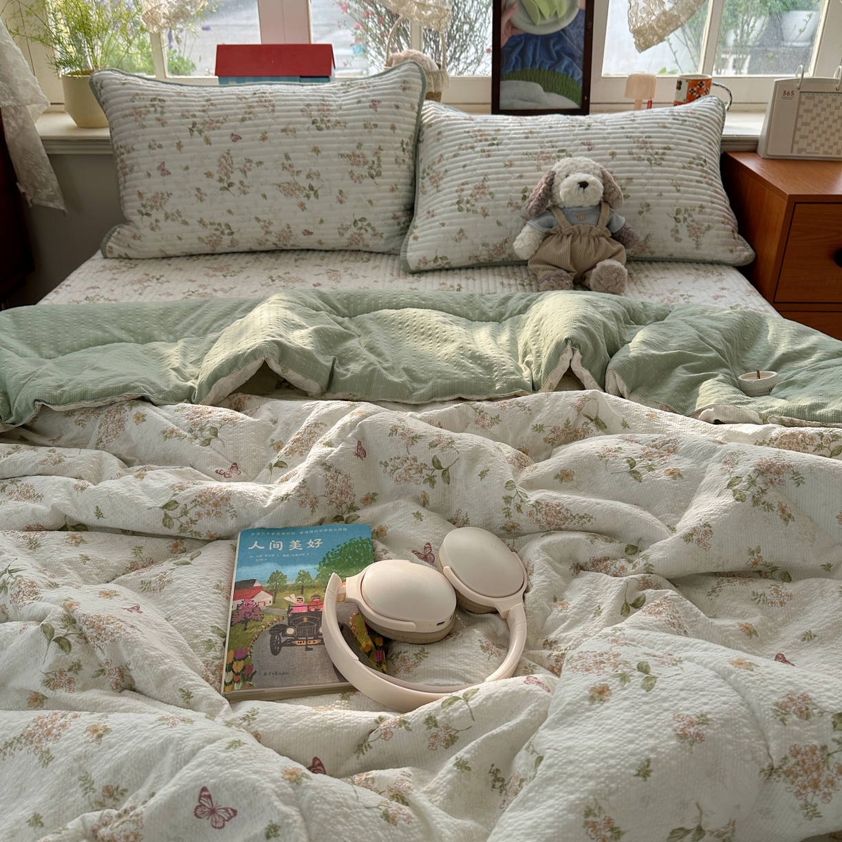 91家纺网 家纺一手货源 找家纺 初念 2026新款高品质A类泡芙纱床盖夏被四件套-青提系列（晚风渐热，温柔续夏） 青提-蝶栖黄花