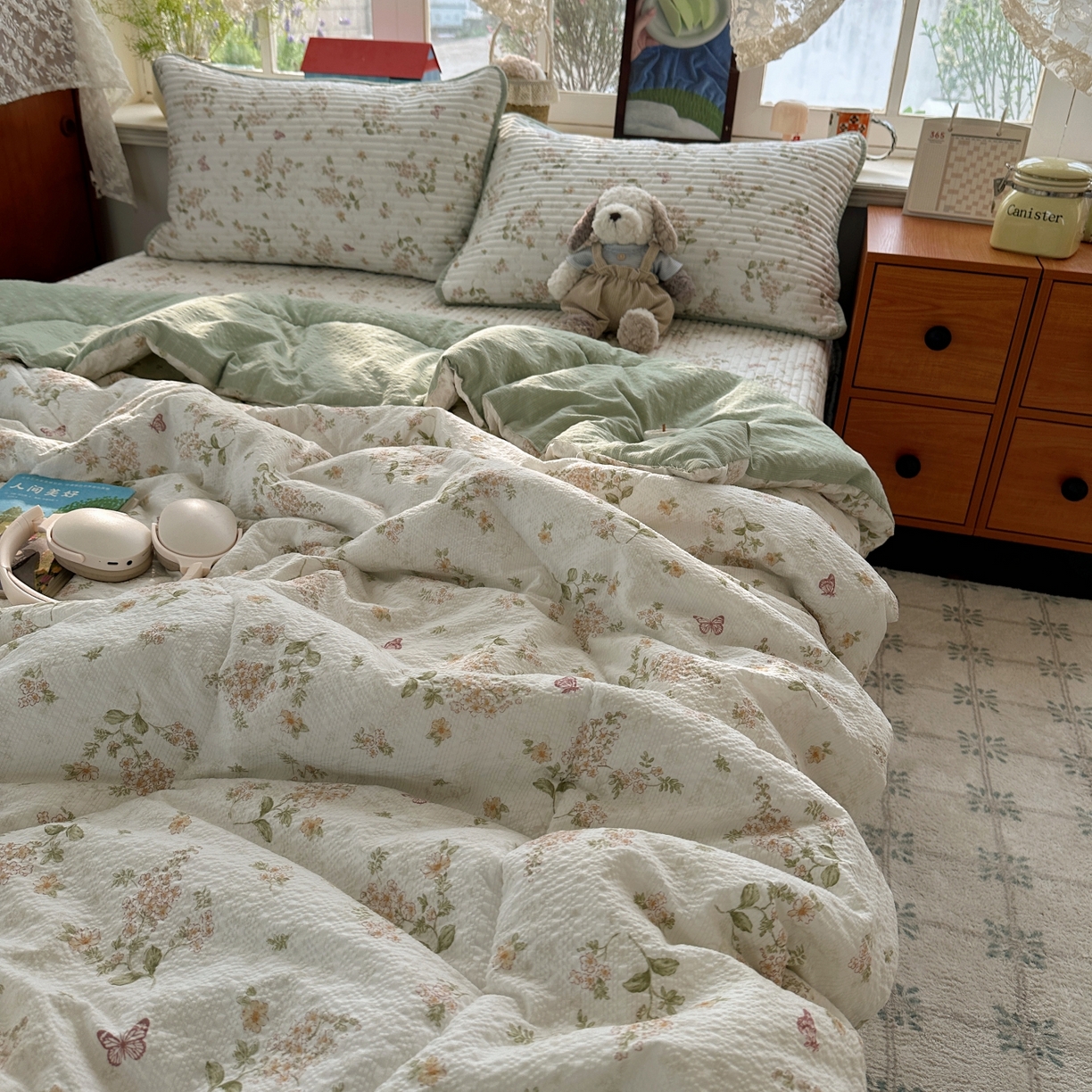 91家纺网 家纺一手货源 找家纺 初念 2026新款高品质A类泡芙纱床盖夏被四件套-青提系列（晚风渐热，温柔续夏） 青提-蝶栖黄花