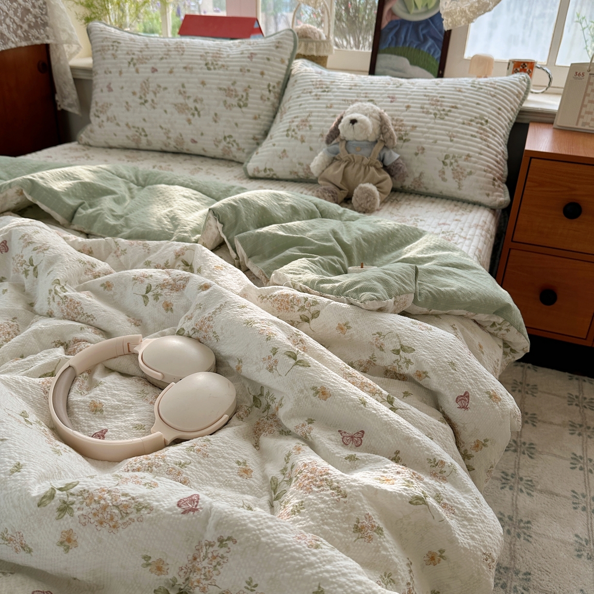 91家纺网 家纺一手货源 找家纺 初念 2026新款高品质A类泡芙纱床盖夏被四件套-青提系列（晚风渐热，温柔续夏） 青提-蝶栖黄花