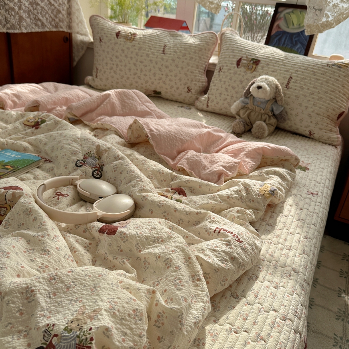 91家纺网 家纺一手货源 找家纺 初念 2026新款高品质A类泡芙纱床盖夏被四件套-青提系列（晚风渐热，温柔续夏） 青提-躲雨小兔