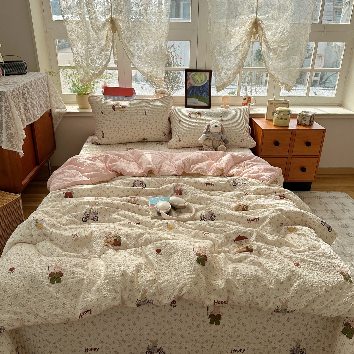 91家纺网 家纺一手货源 找家纺 初念 2026新款高品质A类泡芙纱床盖夏被四件套-青提系列（晚风渐热，温柔续夏） 青提-躲雨小兔