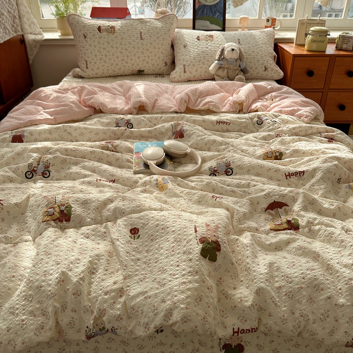 91家纺网 家纺一手货源 找家纺 初念 2026新款高品质A类泡芙纱床盖夏被四件套-青提系列（晚风渐热，温柔续夏） 青提-躲雨小兔