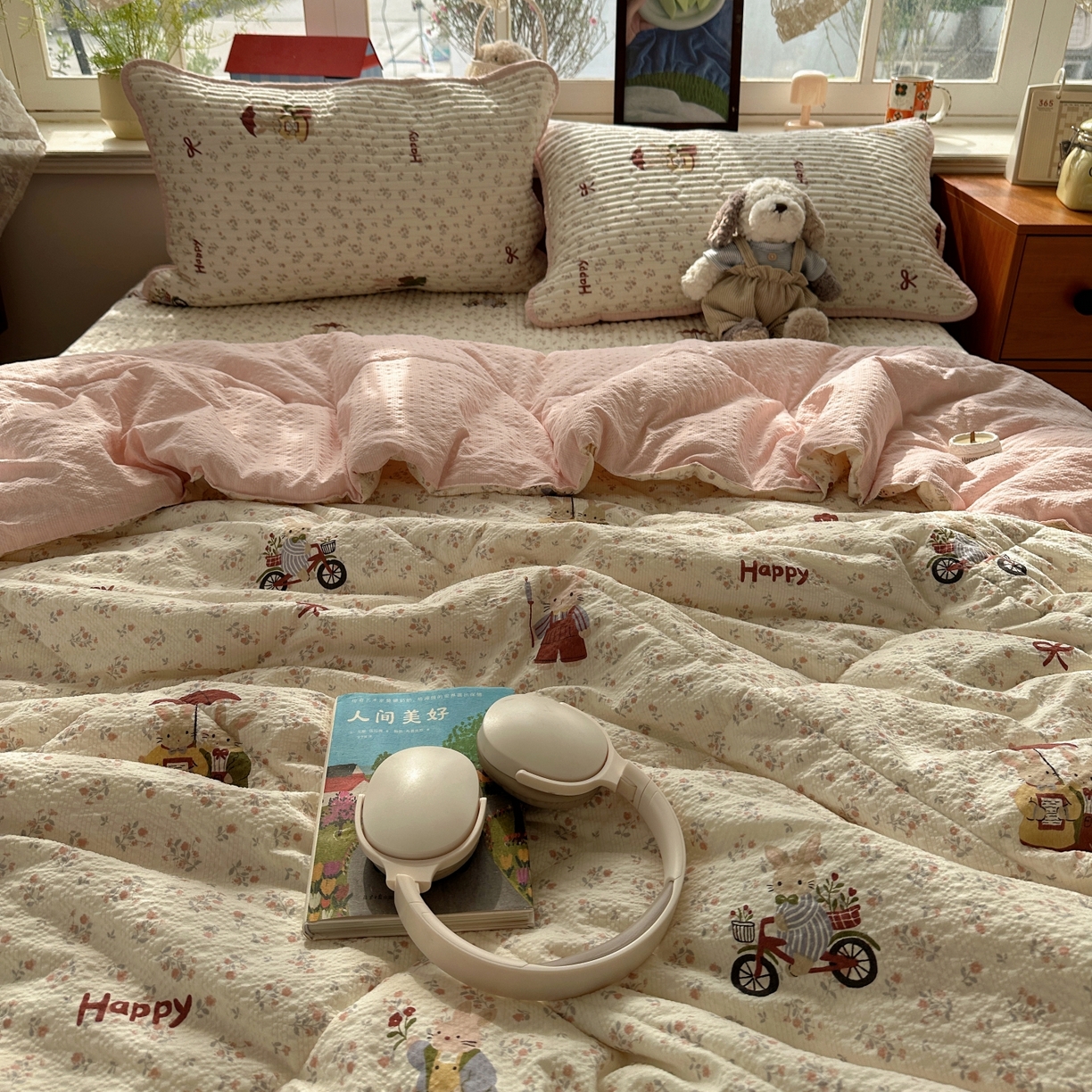 91家纺网 家纺一手货源 找家纺 初念 2026新款高品质A类泡芙纱床盖夏被四件套-青提系列（晚风渐热，温柔续夏） 青提-躲雨小兔