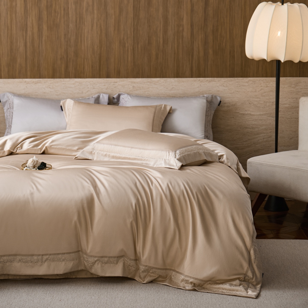 91家纺网 家纺一手货源 找家纺 （总）安莱生活 2026新款天丝棉豹影锦边边条绣花拼接款四件套 豹影锦边系列