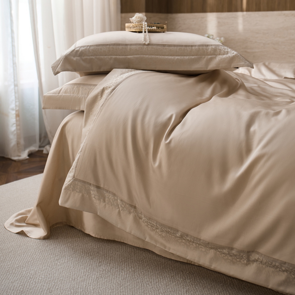 91家纺网 家纺一手货源 找家纺 （总）安莱生活 2026新款天丝棉豹影锦边边条绣花拼接款四件套 豹影锦边系列