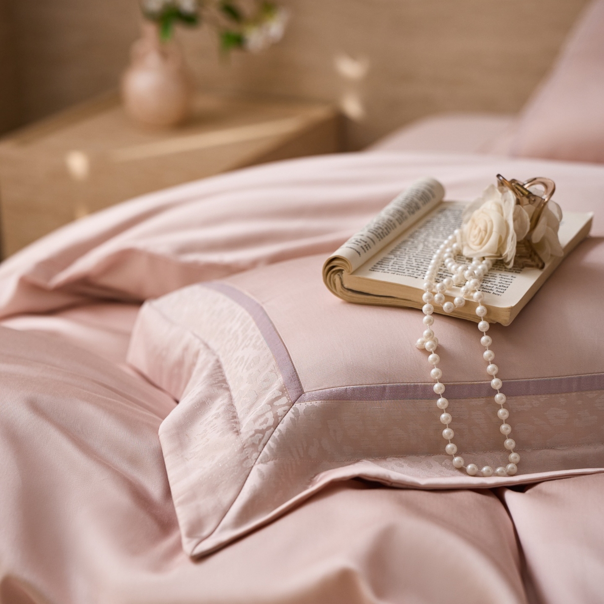 91家纺网 家纺一手货源 找家纺 安莱生活 2026新款天丝棉豹影锦边边条绣花拼接款四件套 豹影锦边系列 豹影锦边-嫩粉