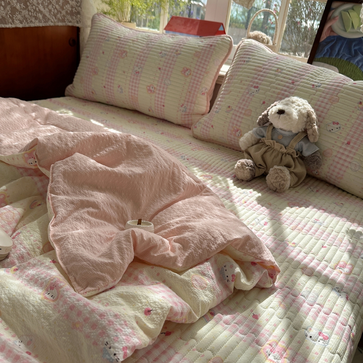 91家纺网 家纺一手货源 找家纺 初念 2026新款高品质A类泡芙纱床盖夏被四件套-青提系列（晚风渐热，温柔续夏） 青提-黄粉猫团