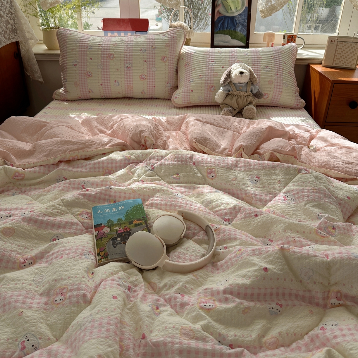 91家纺网 家纺一手货源 找家纺 初念 2026新款高品质A类泡芙纱床盖夏被四件套-青提系列（晚风渐热，温柔续夏） 青提-黄粉猫团