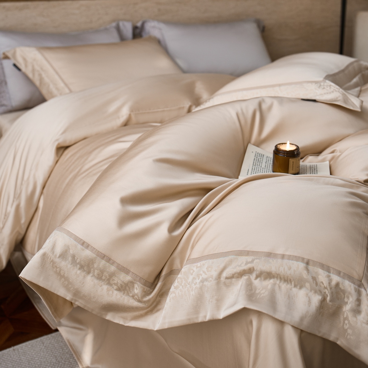 91家纺网 家纺一手货源 找家纺 安莱生活 2026新款天丝棉豹影锦边边条绣花拼接款四件套 豹影锦边系列 豹影锦边-琥珀