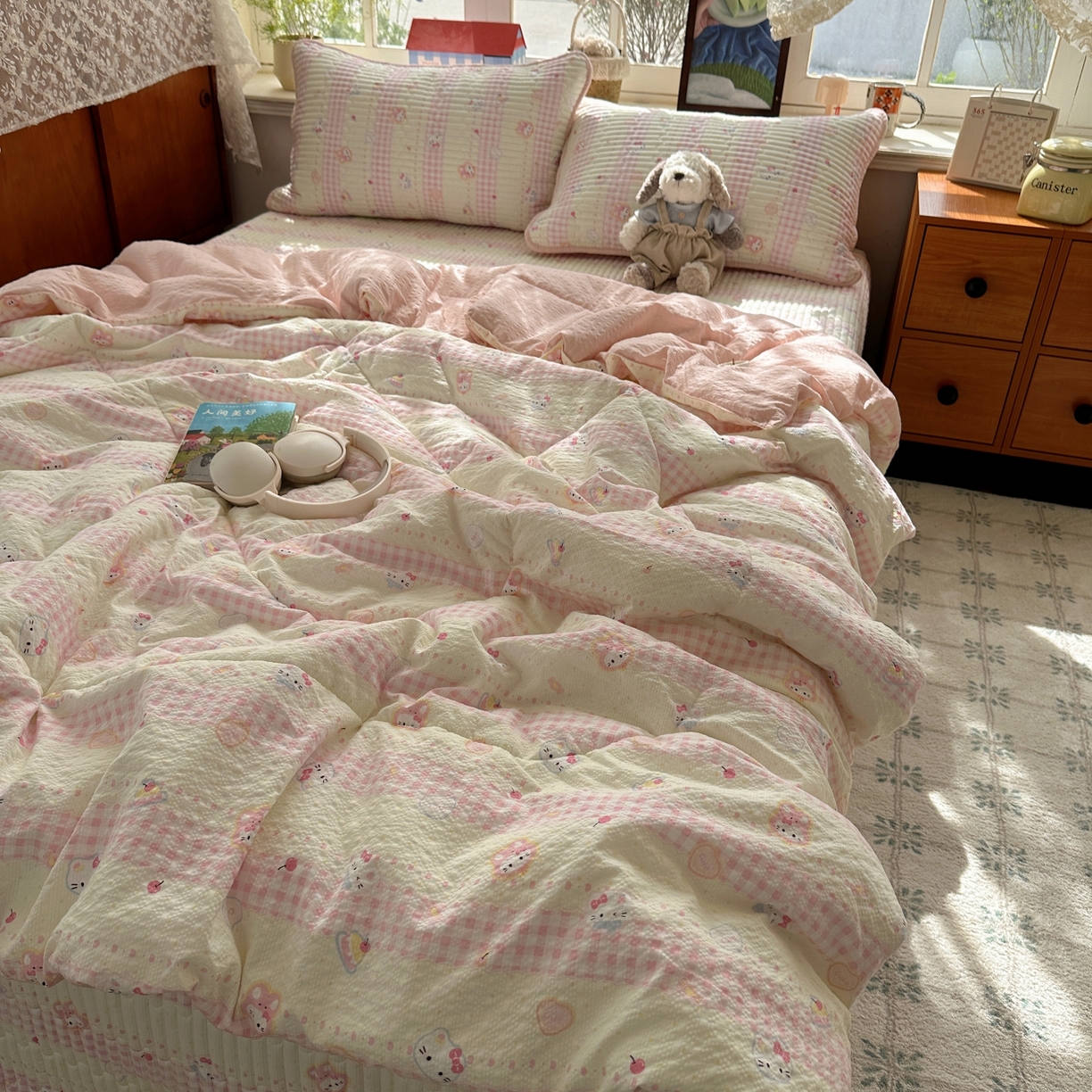 91家纺网 家纺一手货源 找家纺 初念 2026新款高品质A类泡芙纱床盖夏被四件套-青提系列（晚风渐热，温柔续夏） 青提-黄粉猫团