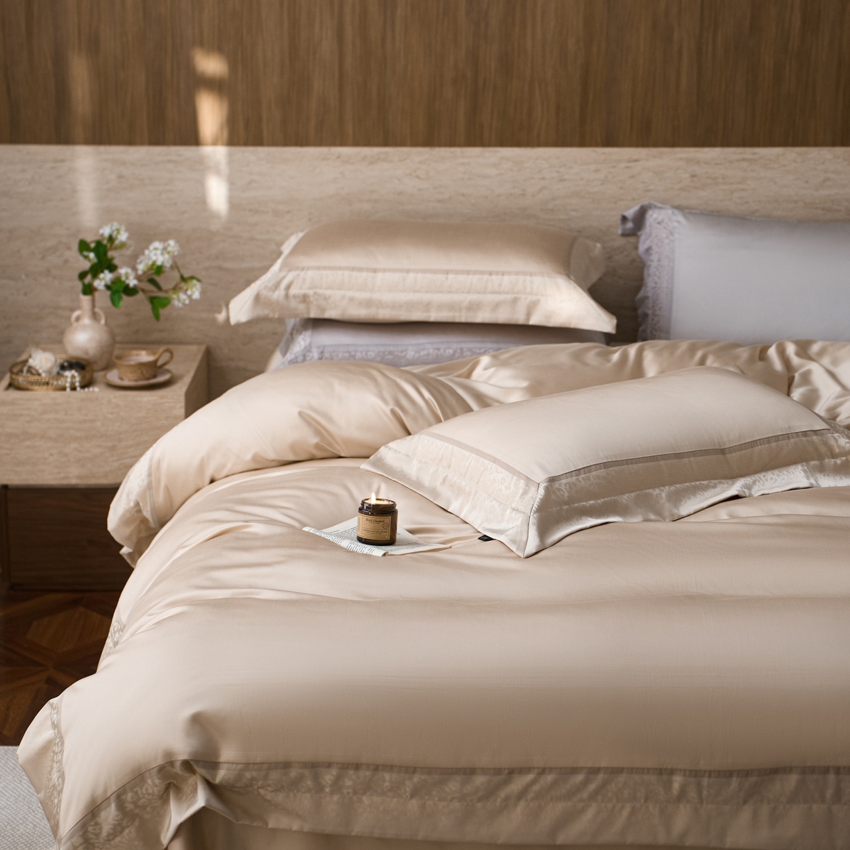 91家纺网 家纺一手货源 找家纺 安莱生活 2026新款天丝棉豹影锦边边条绣花拼接款四件套 豹影锦边系列 豹影锦边-琥珀