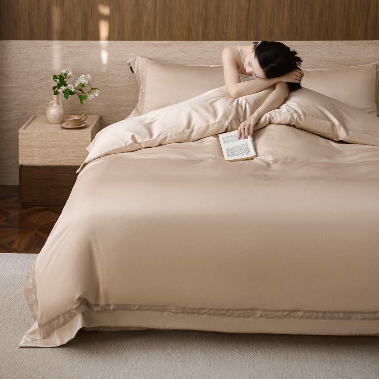 91家纺网 家纺一手货源 找家纺 安莱生活 2026新款天丝棉豹影锦边边条绣花拼接款四件套 豹影锦边系列 豹影锦边-琥珀