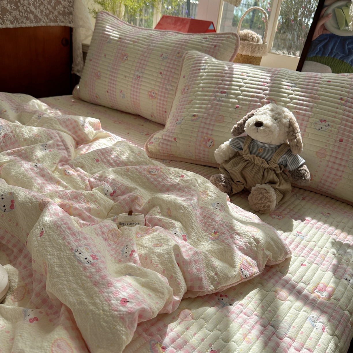 91家纺网 家纺一手货源 找家纺 初念 2026新款高品质A类泡芙纱床盖夏被四件套-青提系列（晚风渐热，温柔续夏） 青提-黄粉猫团