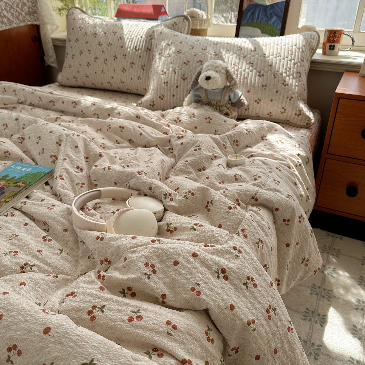 91家纺网 家纺一手货源 找家纺 初念 2026新款高品质A类泡芙纱床盖夏被四件套-青提系列（晚风渐热，温柔续夏） 青提-酒渍樱桃