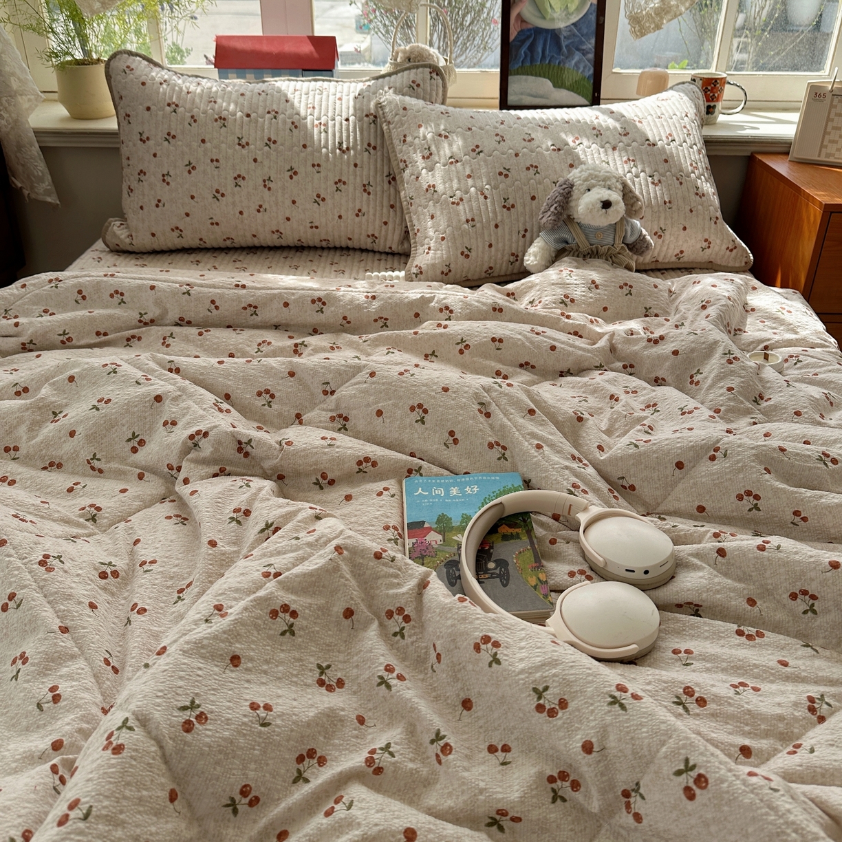 91家纺网 家纺一手货源 找家纺 初念 2026新款高品质A类泡芙纱床盖夏被四件套-青提系列（晚风渐热，温柔续夏） 青提-酒渍樱桃