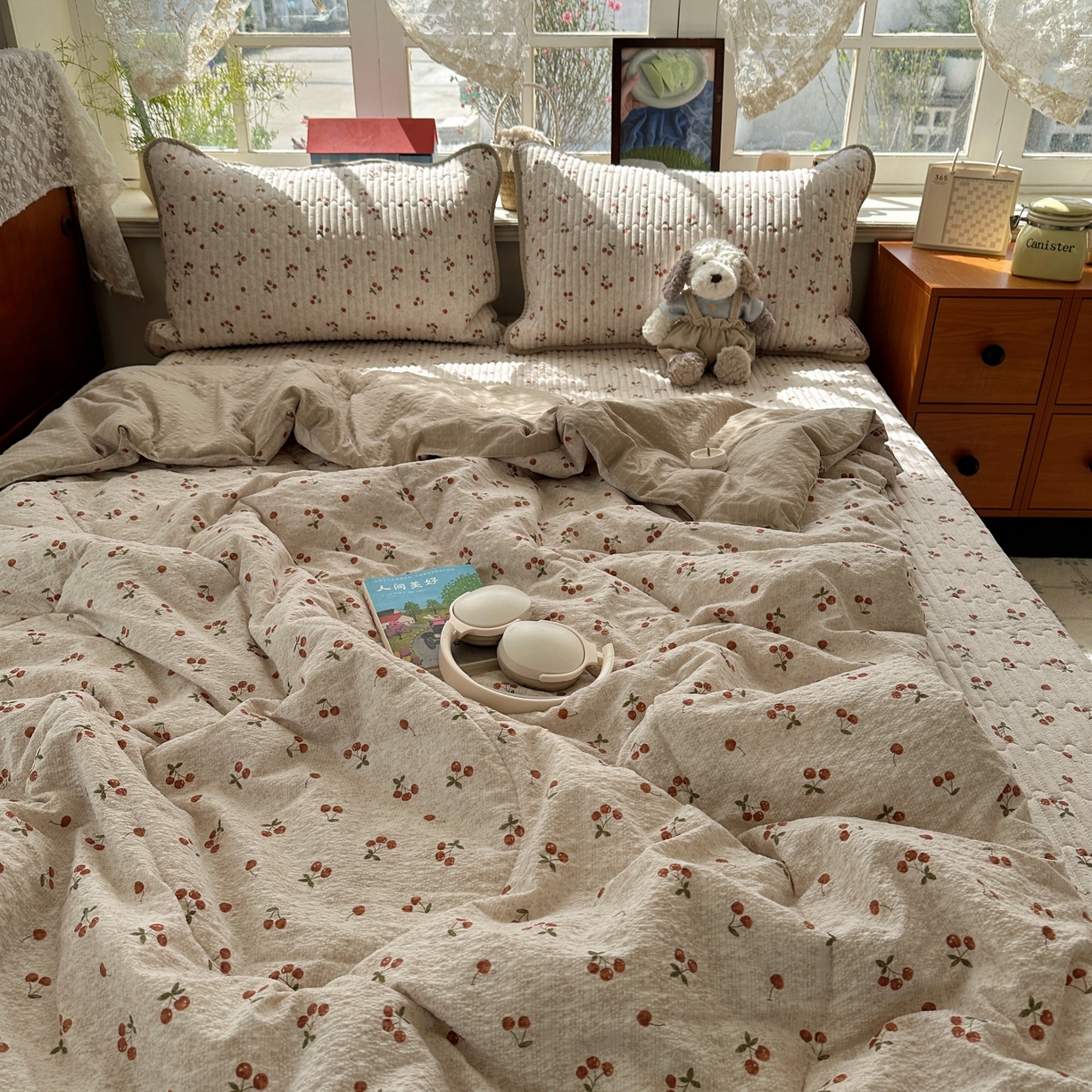 91家纺网 家纺一手货源 找家纺 初念 2026新款高品质A类泡芙纱床盖夏被四件套-青提系列（晚风渐热，温柔续夏） 青提-酒渍樱桃