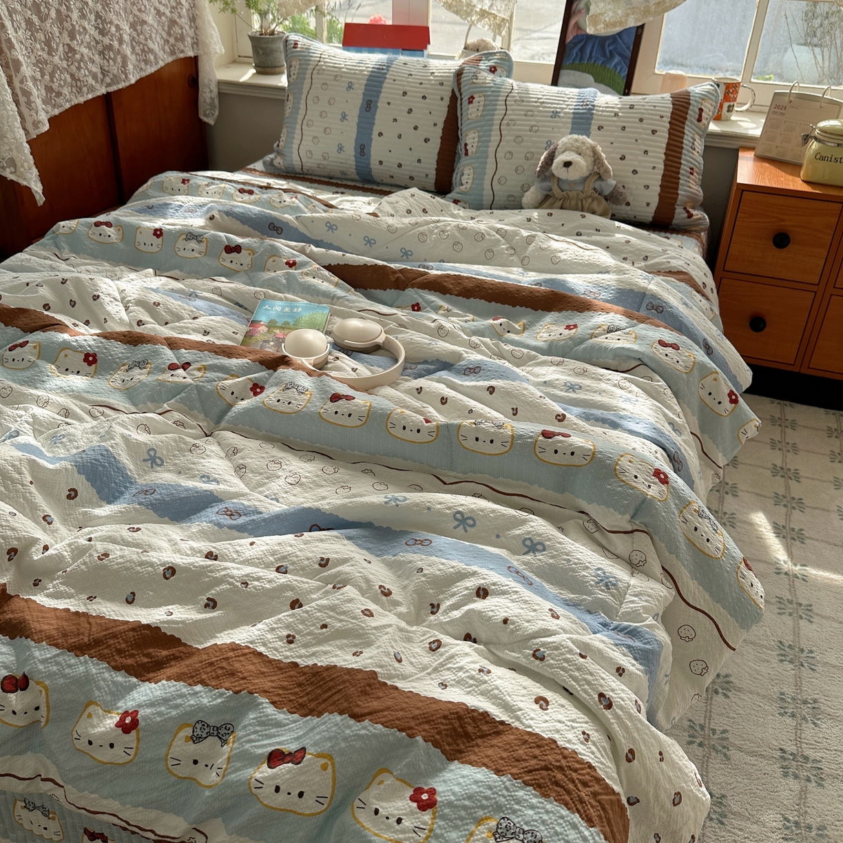 91家纺网 家纺一手货源 找家纺 初念 2026新款高品质A类泡芙纱床盖夏被四件套-青提系列（晚风渐热，温柔续夏） 青提-可可小猫条