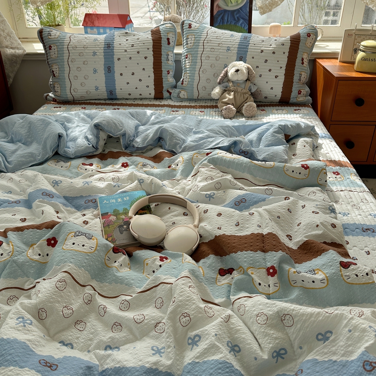 91家纺网 家纺一手货源 找家纺 初念 2026新款高品质A类泡芙纱床盖夏被四件套-青提系列（晚风渐热，温柔续夏） 青提-可可小猫条