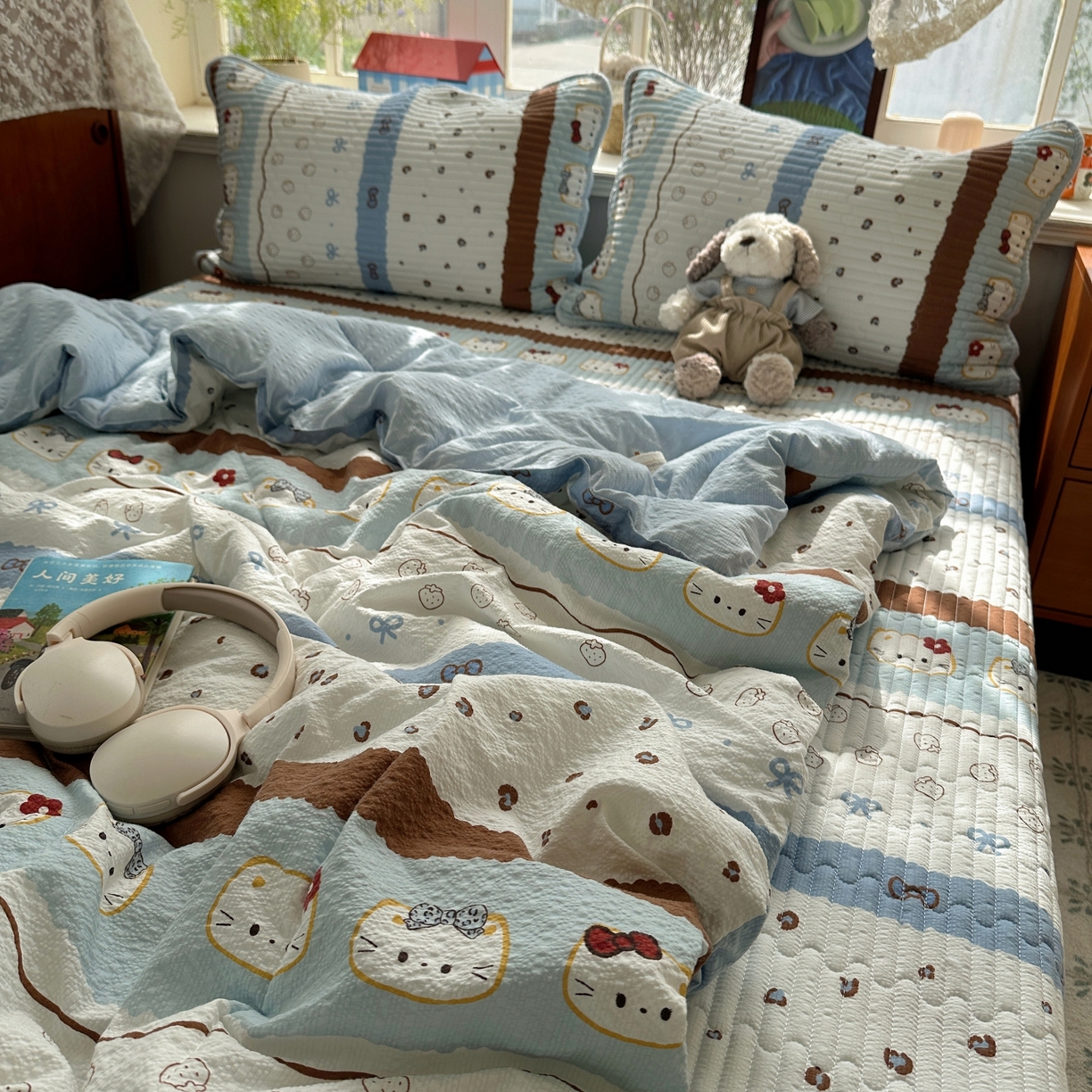 91家纺网 家纺一手货源 找家纺 初念 2026新款高品质A类泡芙纱床盖夏被四件套-青提系列（晚风渐热，温柔续夏） 青提-可可小猫条