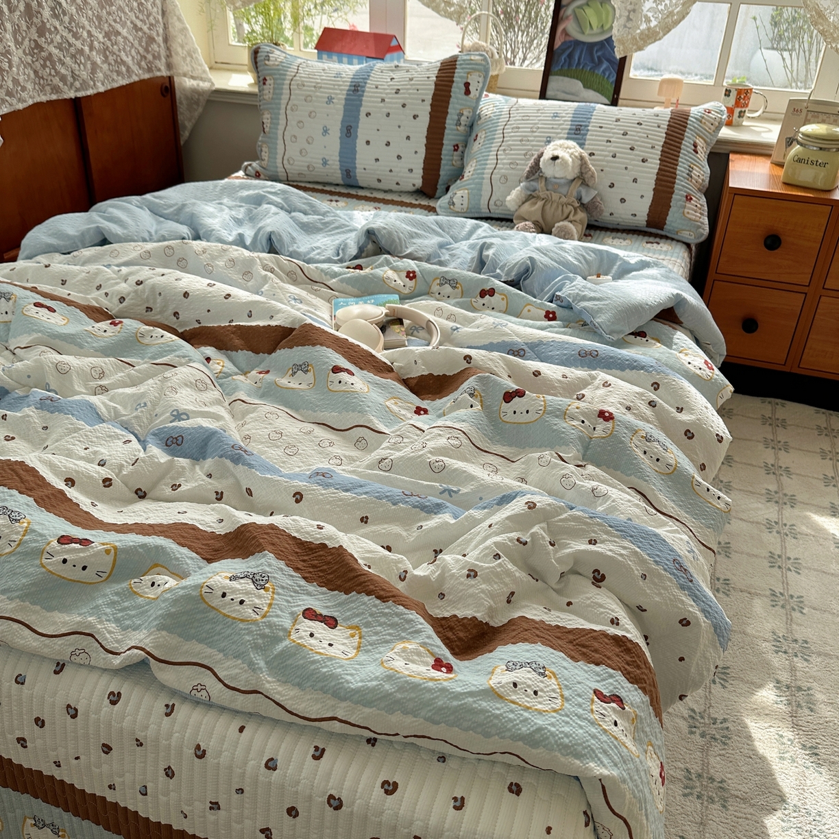 91家纺网 家纺一手货源 找家纺 初念 2026新款高品质A类泡芙纱床盖夏被四件套-青提系列（晚风渐热，温柔续夏） 青提-可可小猫条