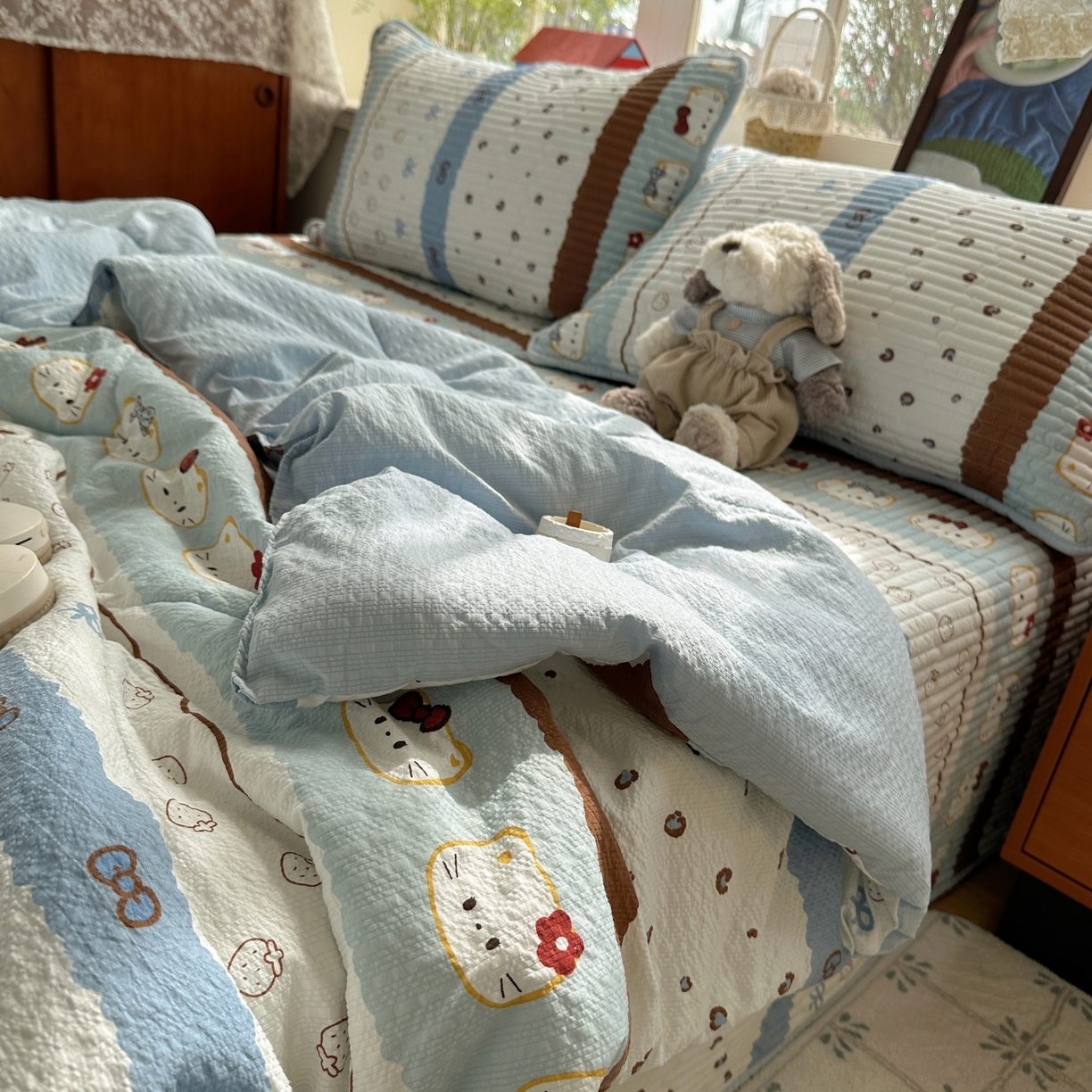 91家纺网 家纺一手货源 找家纺 初念 2026新款高品质A类泡芙纱床盖夏被四件套-青提系列（晚风渐热，温柔续夏） 青提-可可小猫条