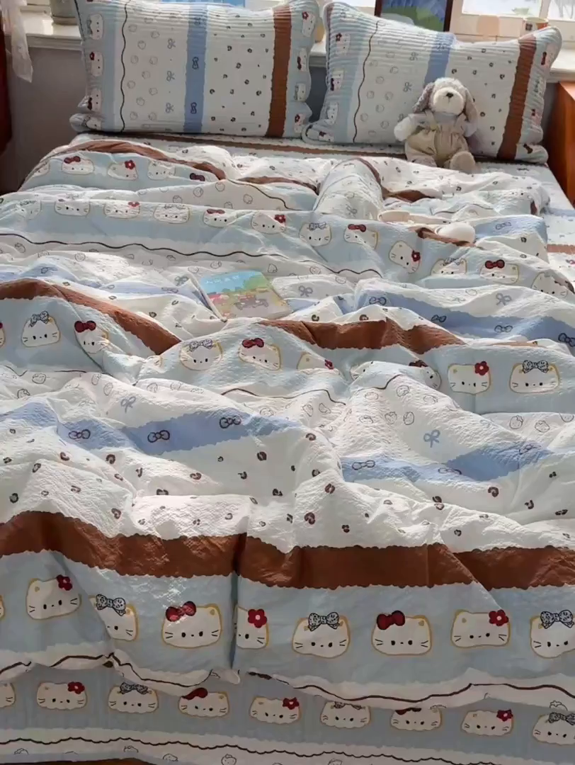 91家纺网 家纺一手货源 找家纺 初念 2026新款高品质A类泡芙纱床盖夏被四件套-青提系列（晚风渐热，温柔续夏） 青提-可可小猫条