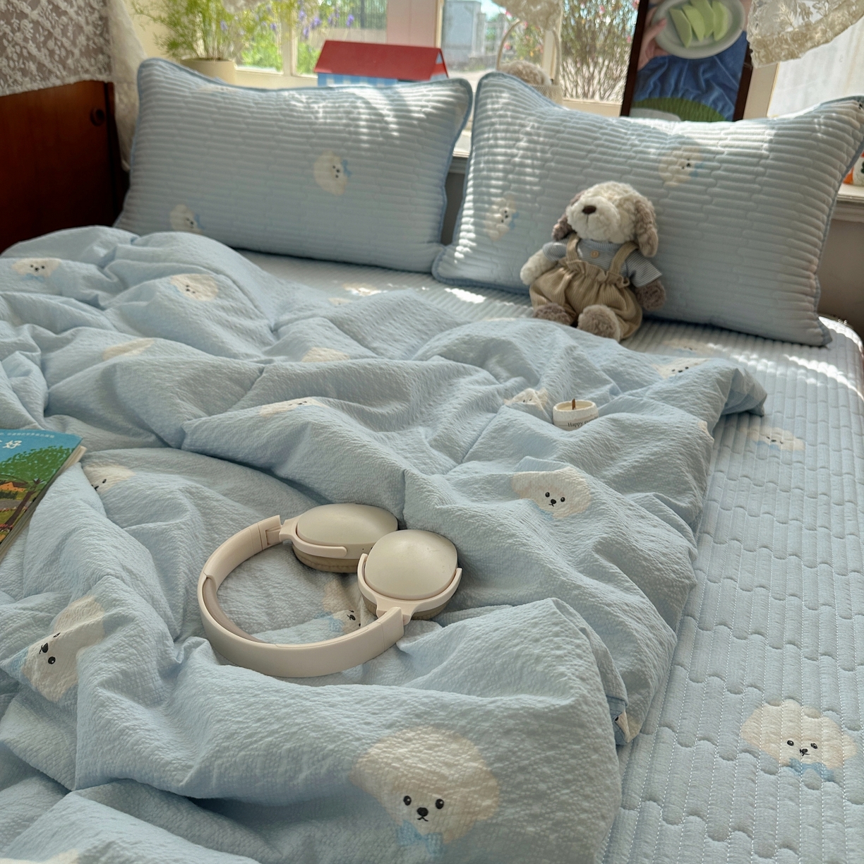 91家纺网 家纺一手货源 找家纺 初念 2026新款高品质A类泡芙纱床盖夏被四件套-青提系列（晚风渐热，温柔续夏） 青提-蓝领结狗