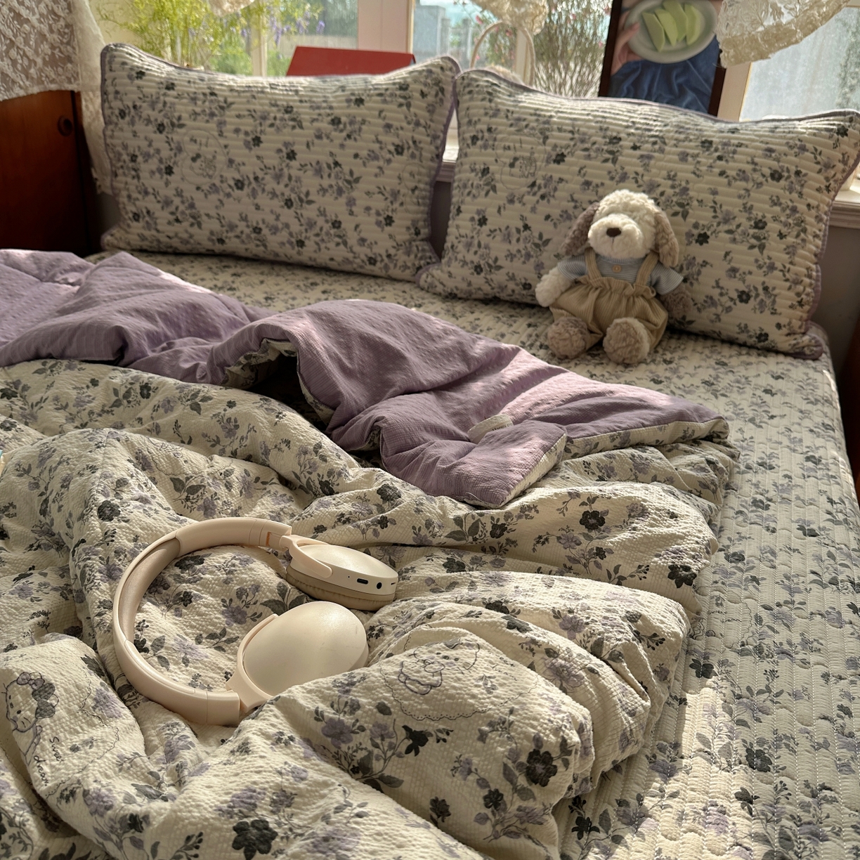 91家纺网 家纺一手货源 找家纺 初念 2026新款高品质A类泡芙纱床盖夏被四件套-青提系列（晚风渐热，温柔续夏） 青提-秘境小紫猫