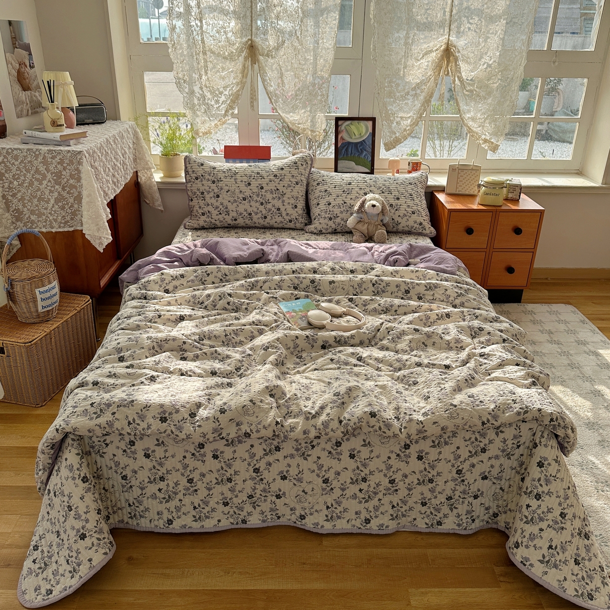 91家纺网 家纺一手货源 找家纺 初念 2026新款高品质A类泡芙纱床盖夏被四件套-青提系列（晚风渐热，温柔续夏） 青提-秘境小紫猫