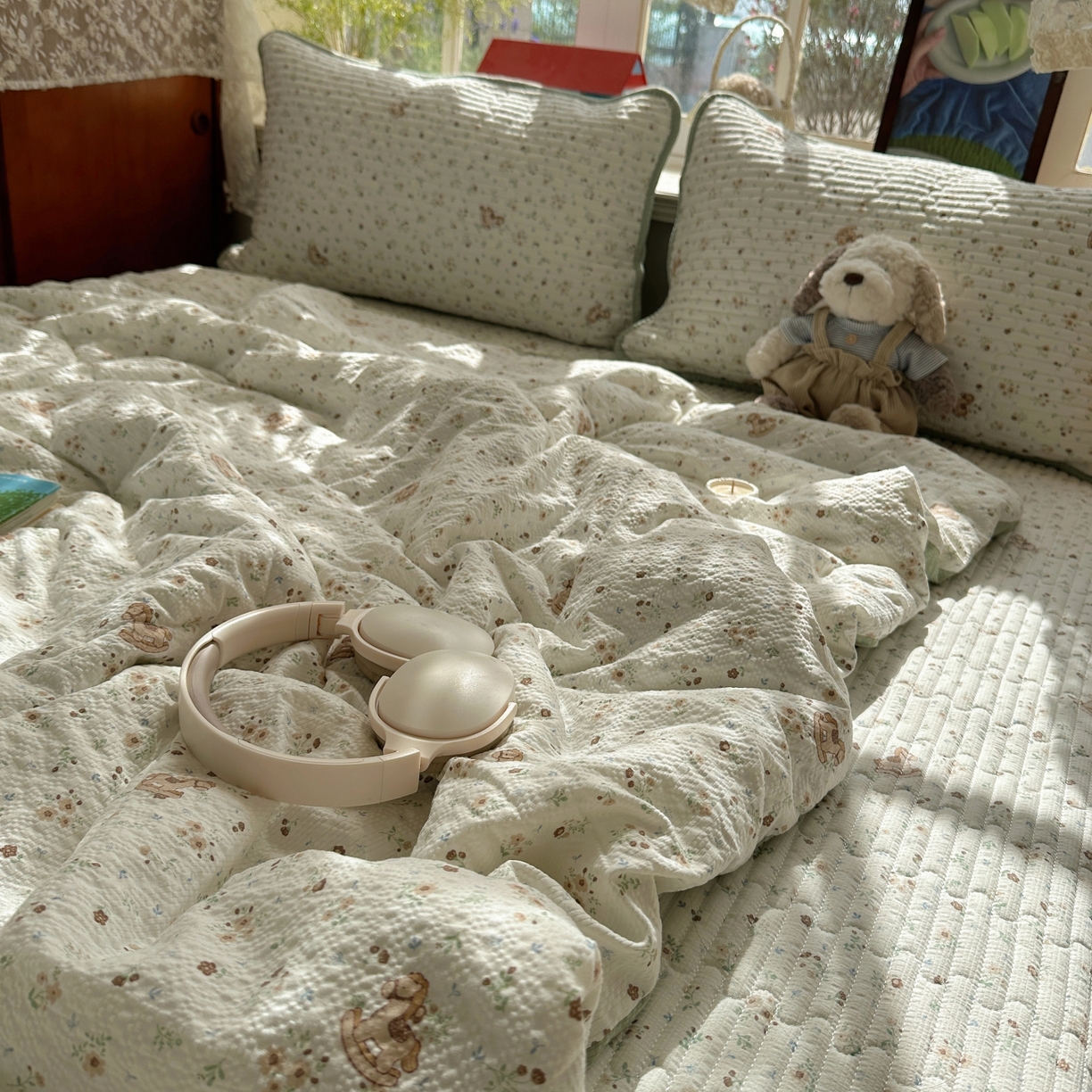 91家纺网 家纺一手货源 找家纺 初念 2026新款高品质A类泡芙纱床盖夏被四件套-青提系列（晚风渐热，温柔续夏） 青提-木马小花团