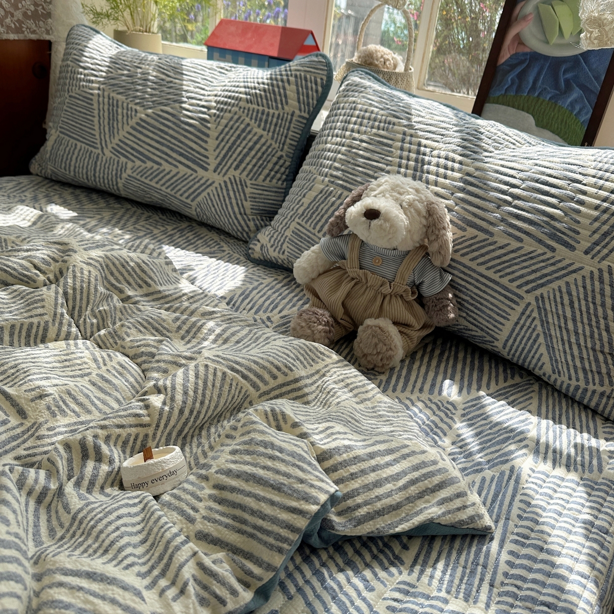 91家纺网 家纺一手货源 找家纺 初念 2026新款高品质A类泡芙纱床盖夏被四件套-青提系列（晚风渐热，温柔续夏） 青提-浅川纹