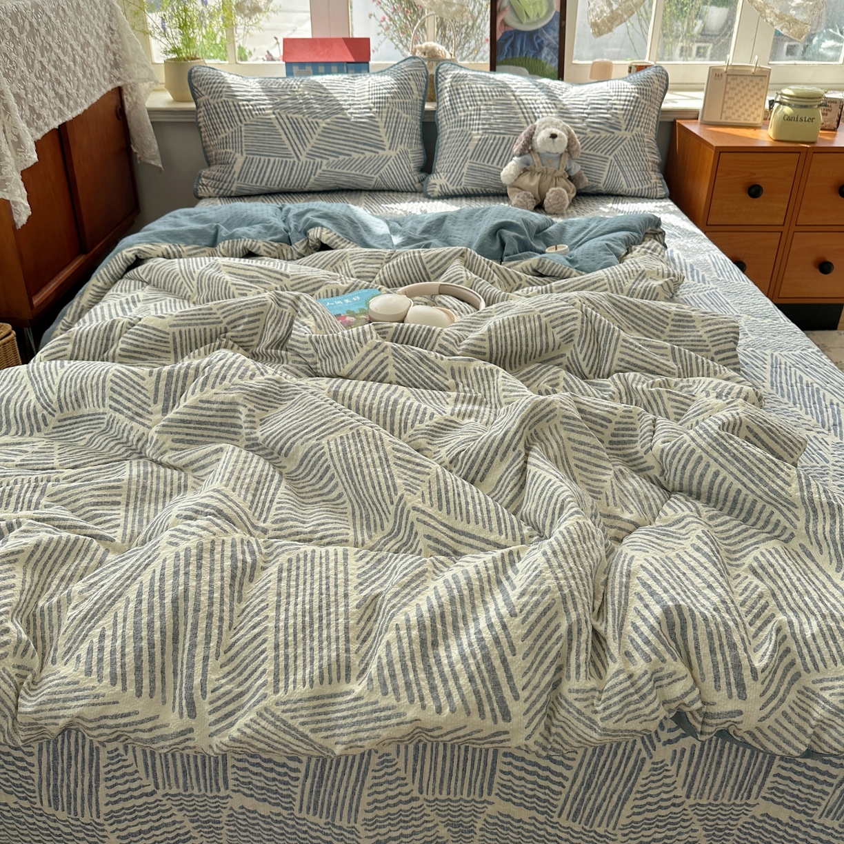 91家纺网 家纺一手货源 找家纺 初念 2026新款高品质A类泡芙纱床盖夏被四件套-青提系列（晚风渐热，温柔续夏） 青提-浅川纹