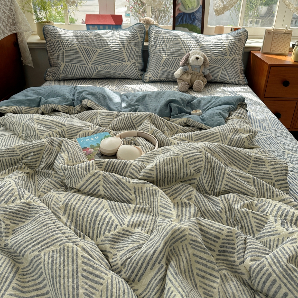 91家纺网 家纺一手货源 找家纺 初念 2026新款高品质A类泡芙纱床盖夏被四件套-青提系列（晚风渐热，温柔续夏） 青提-浅川纹