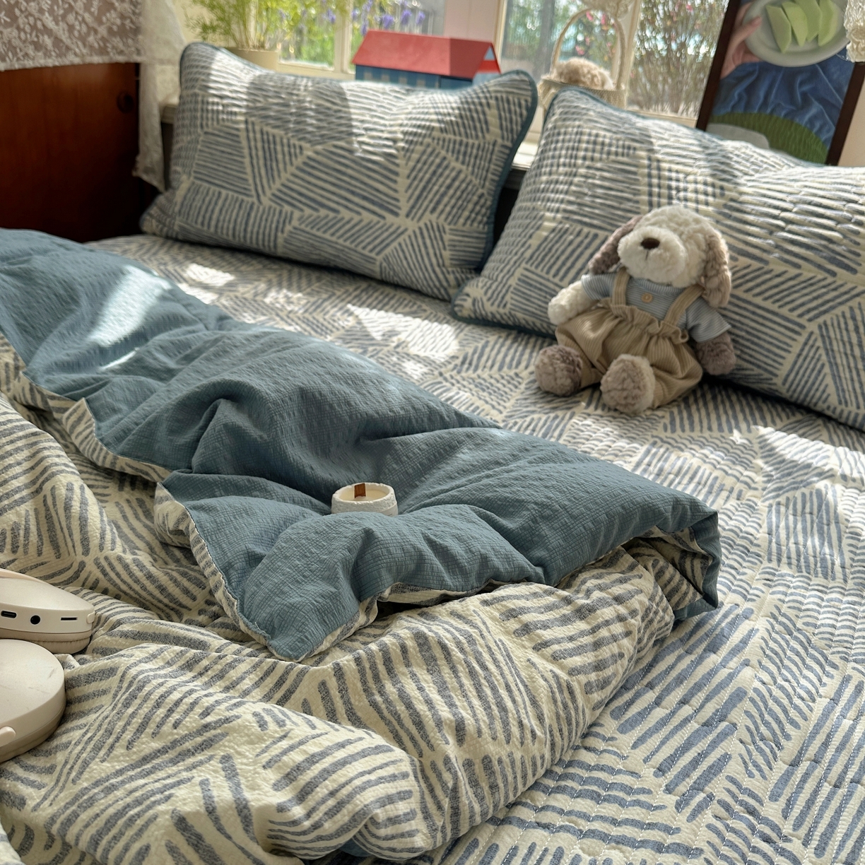 91家纺网 家纺一手货源 找家纺 初念 2026新款高品质A类泡芙纱床盖夏被四件套-青提系列（晚风渐热，温柔续夏） 青提-浅川纹