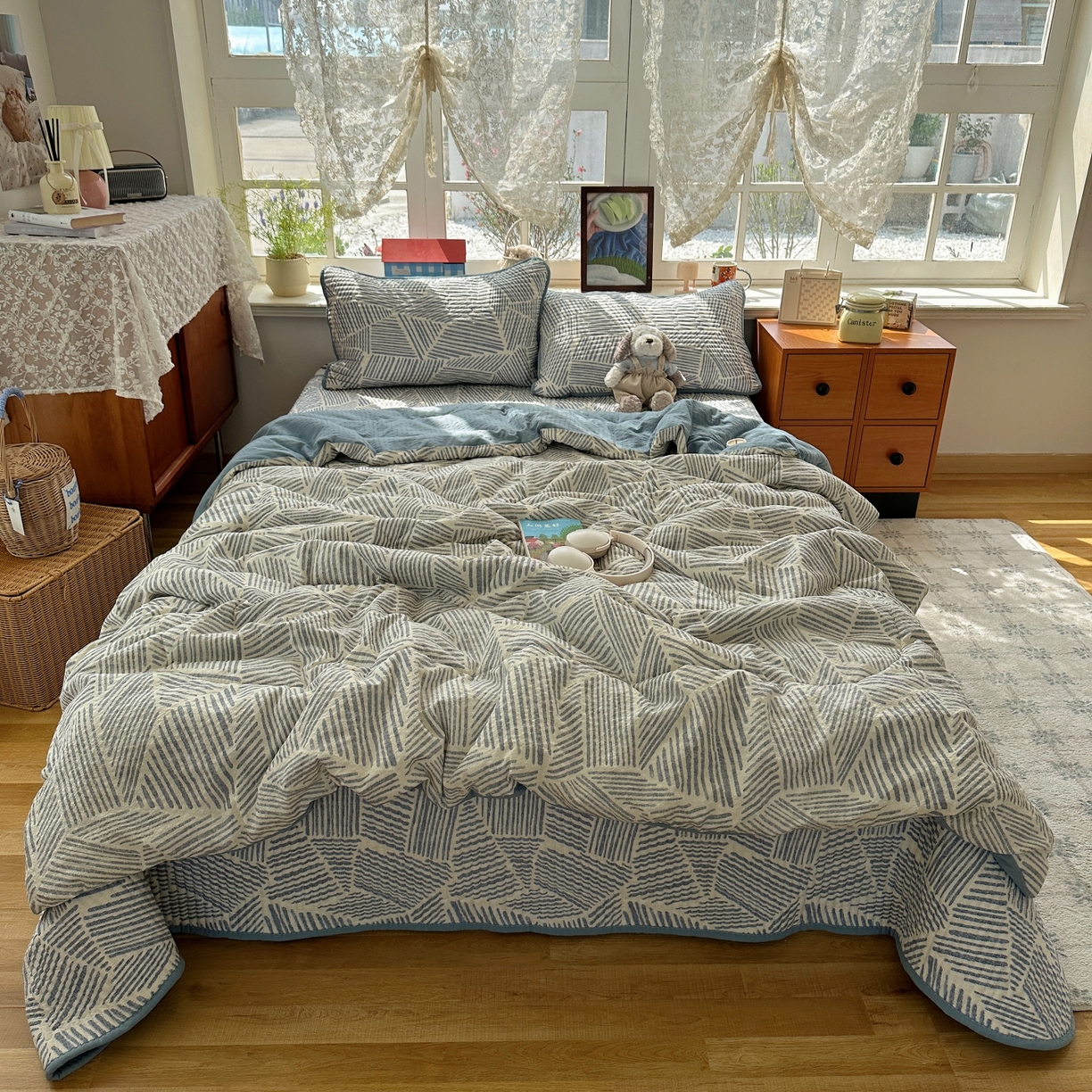 91家纺网 家纺一手货源 找家纺 初念 2026新款高品质A类泡芙纱床盖夏被四件套-青提系列（晚风渐热，温柔续夏） 青提-浅川纹