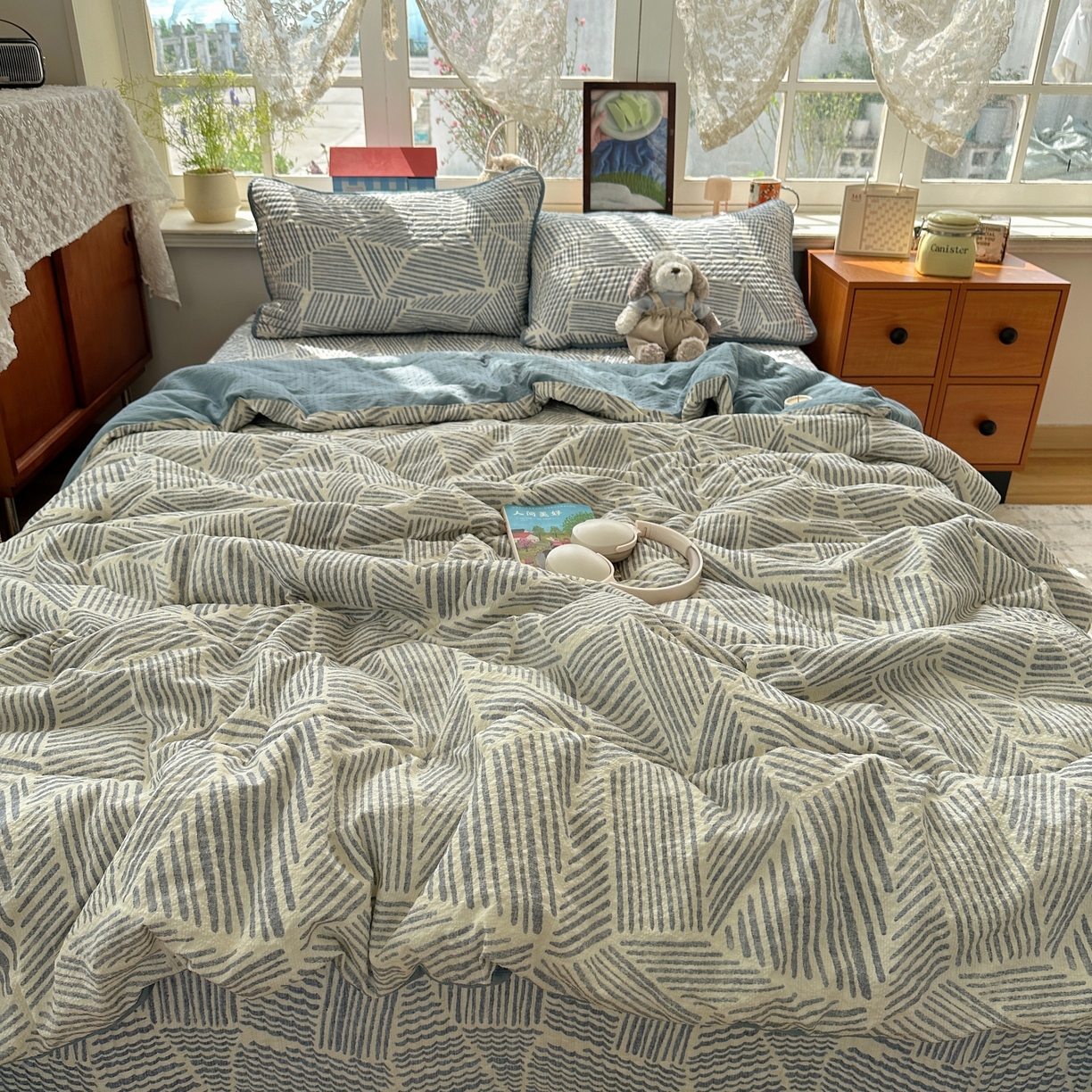 91家纺网 家纺一手货源 找家纺 初念 2026新款高品质A类泡芙纱床盖夏被四件套-青提系列（晚风渐热，温柔续夏） 青提-浅川纹