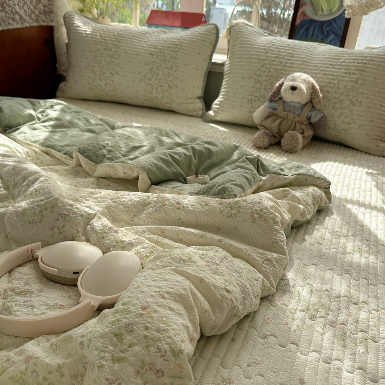 91家纺网 家纺一手货源 找家纺 初念 2026新款高品质A类泡芙纱床盖夏被四件套-青提系列（晚风渐热，温柔续夏） 青提-浅夏花信